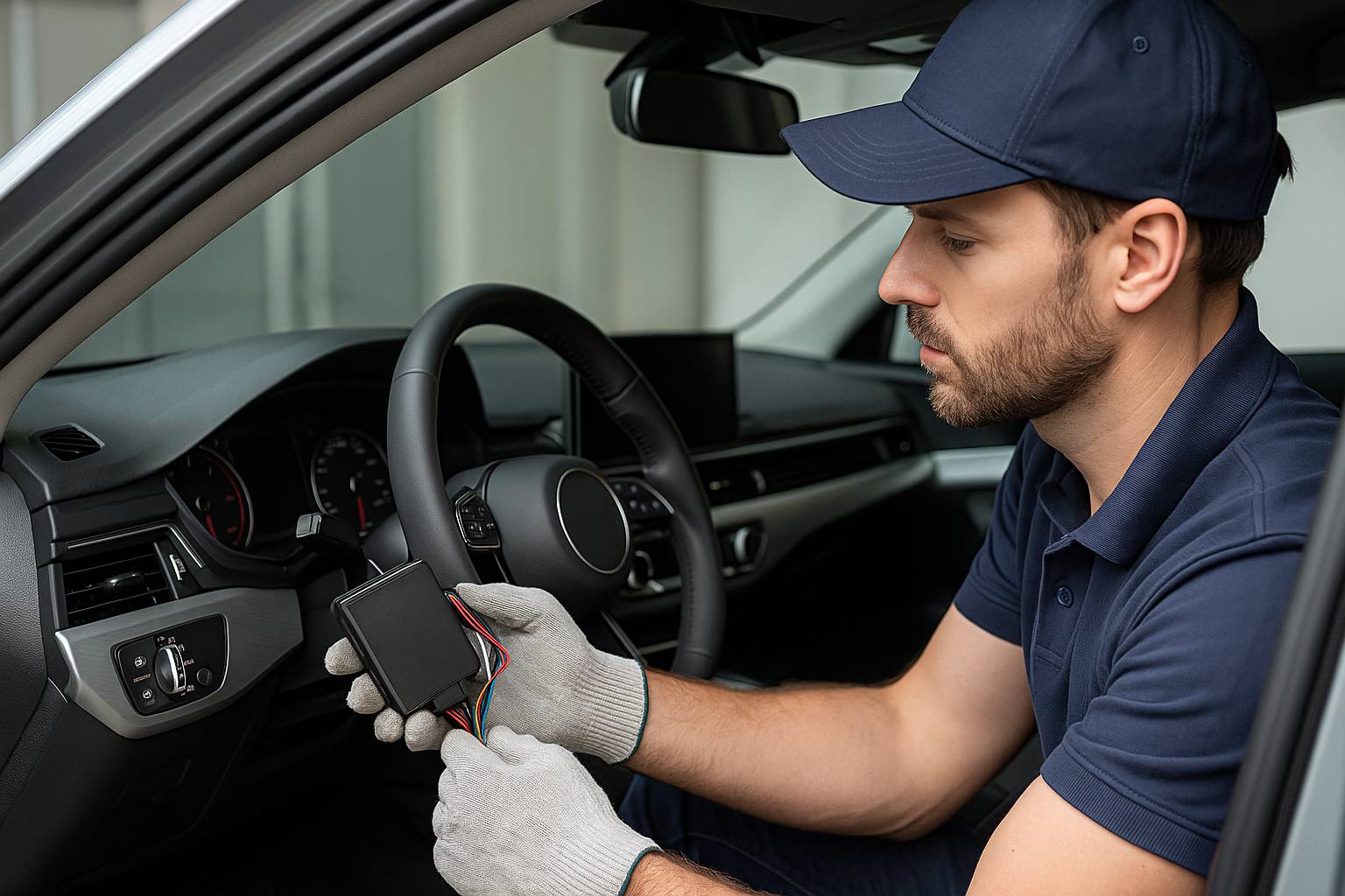 Técnico automotivo da Atual Car instalando rastreador